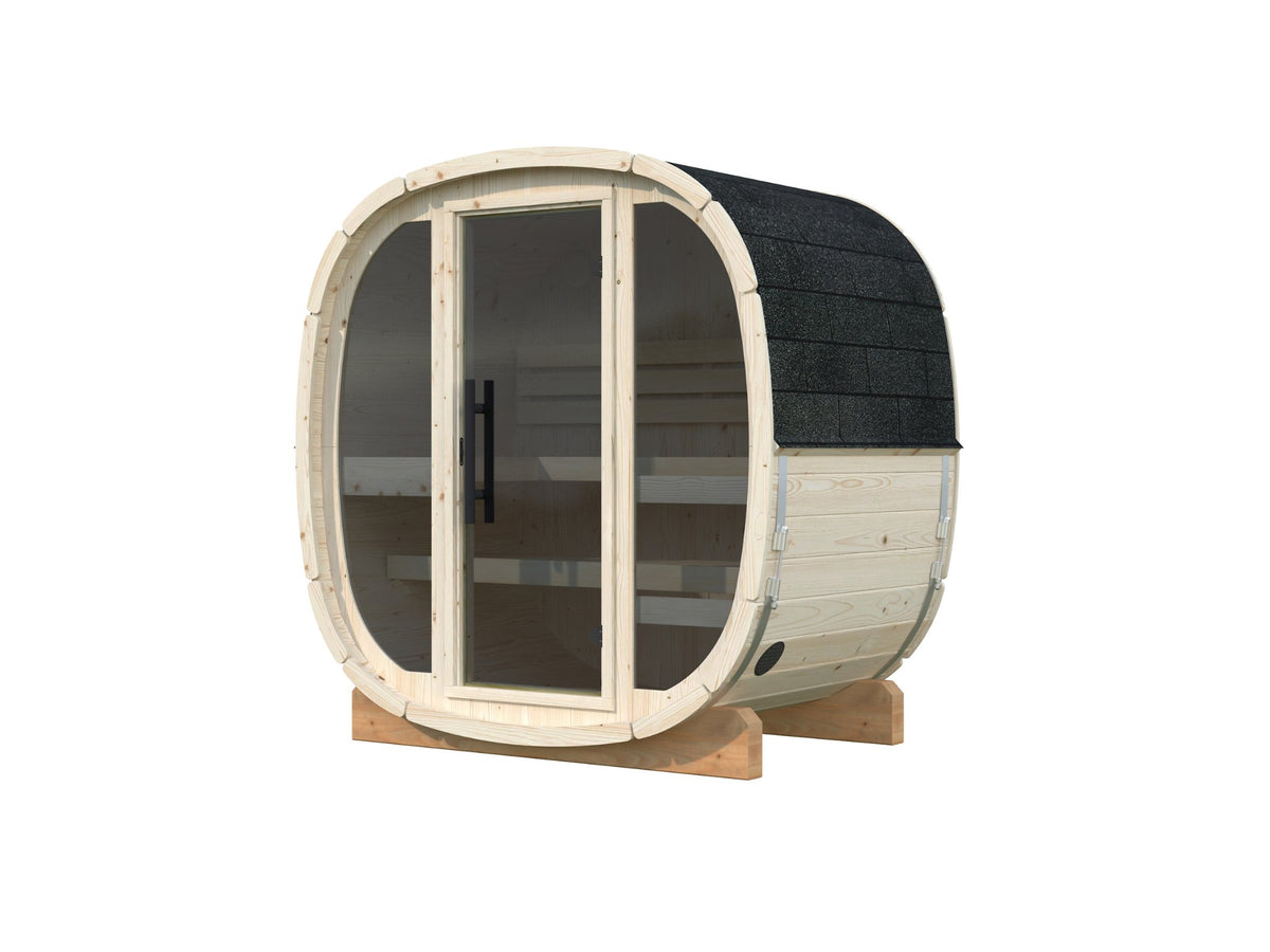 Koda 130 sauna in Nordic spruce with a full glass front