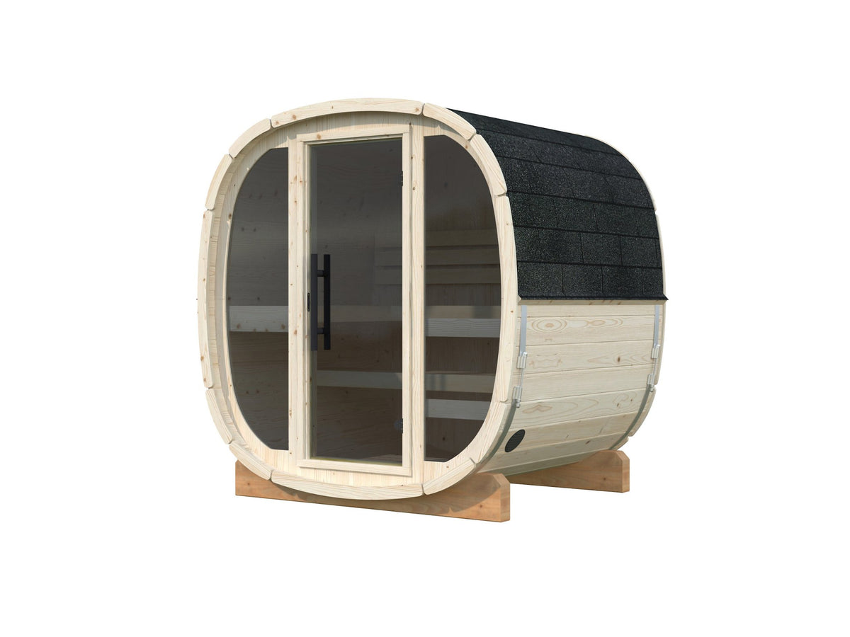 Koda 160 sauna in Nordic spruce with a full glass front