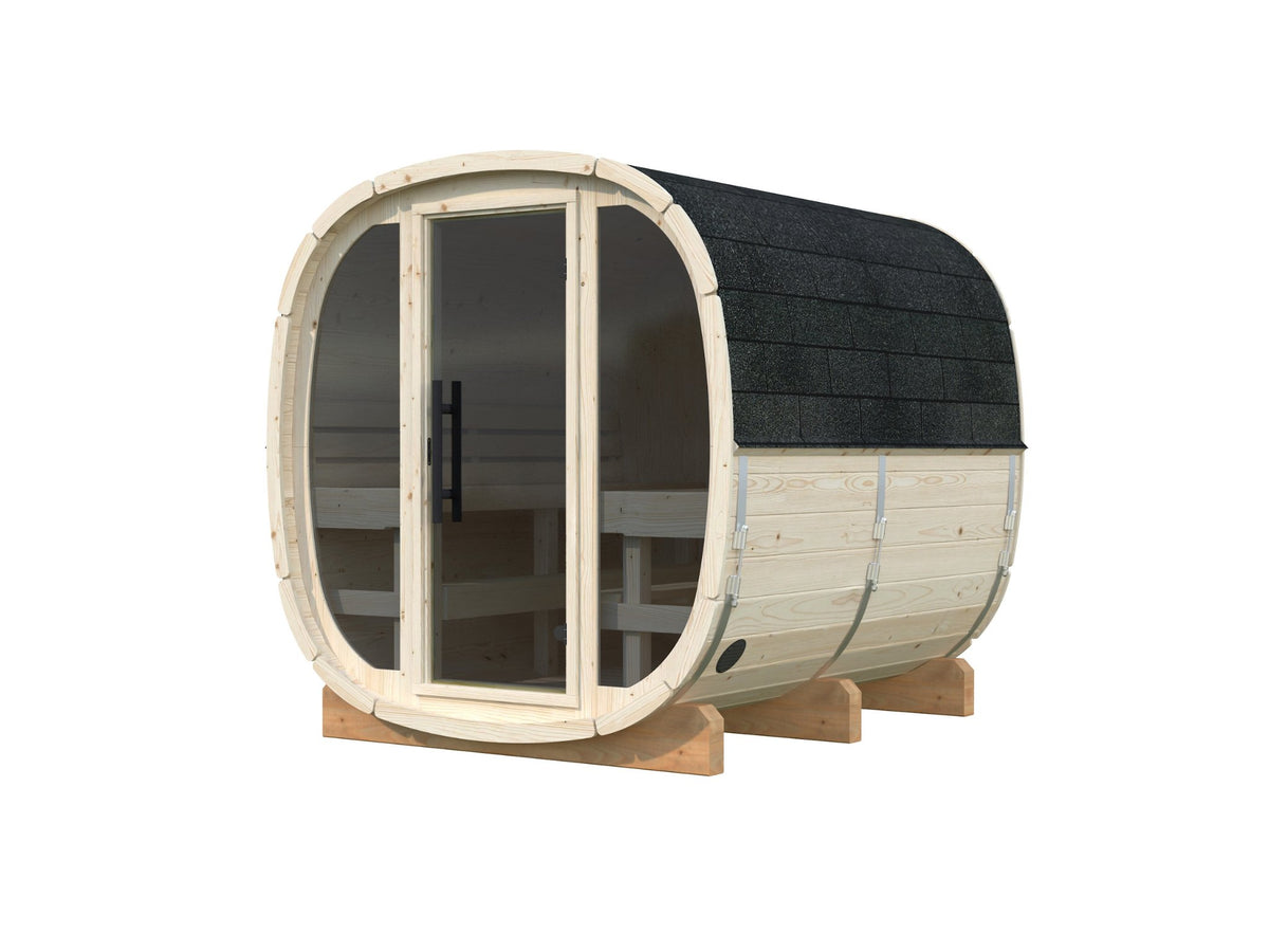 Koda 220 sauna in Nordic spruce with a full glass front