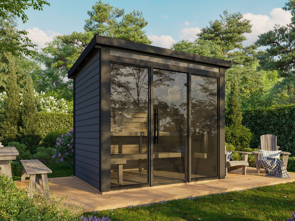 Udu 250 garden sauna, factory painted dark grey with anthracite trim