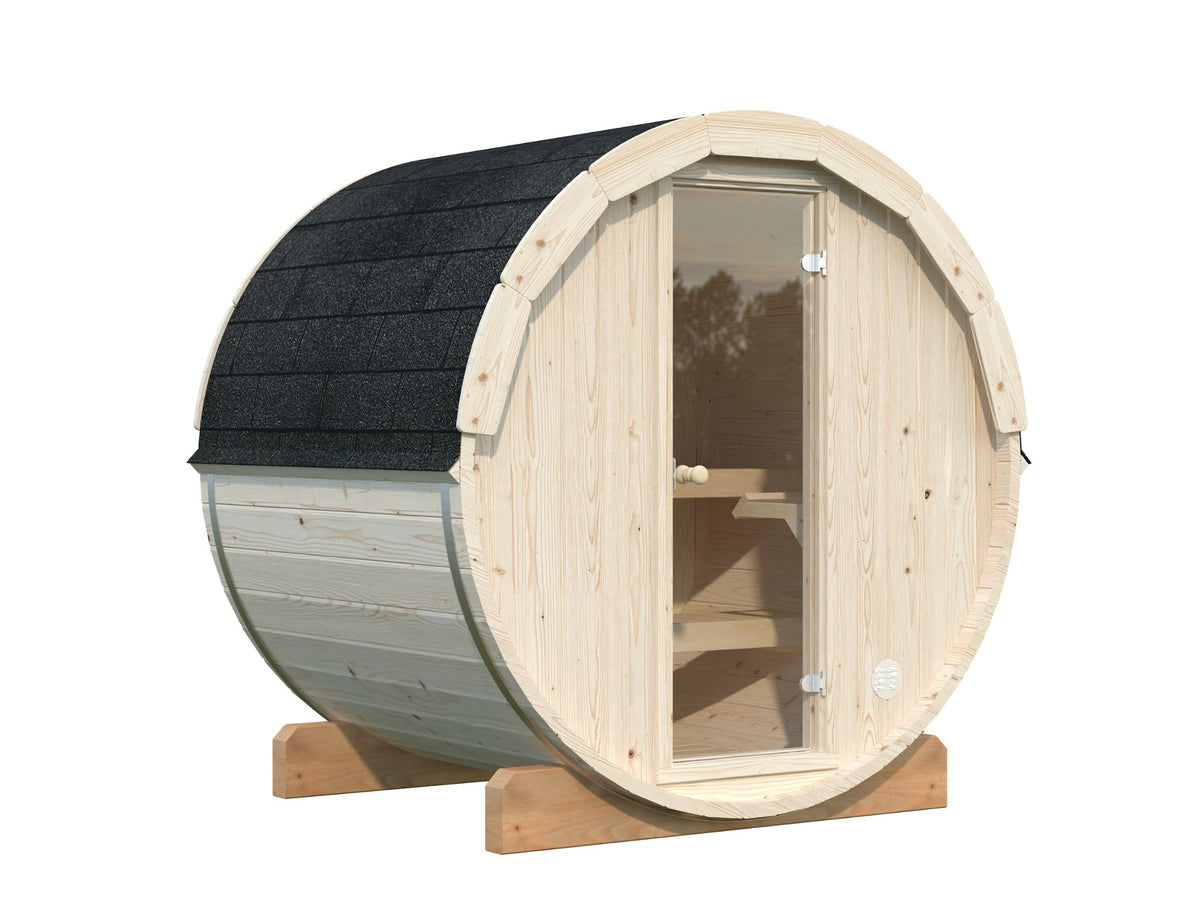 Vaat 200 barrel sauna in Nordic spruce, another view