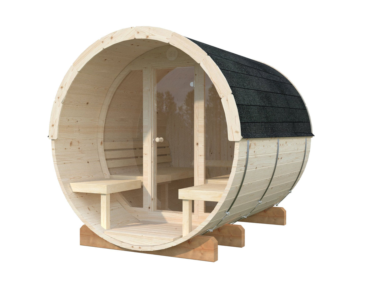 Vaat 250 barrel sauna in Nordic spruce with a glass front
