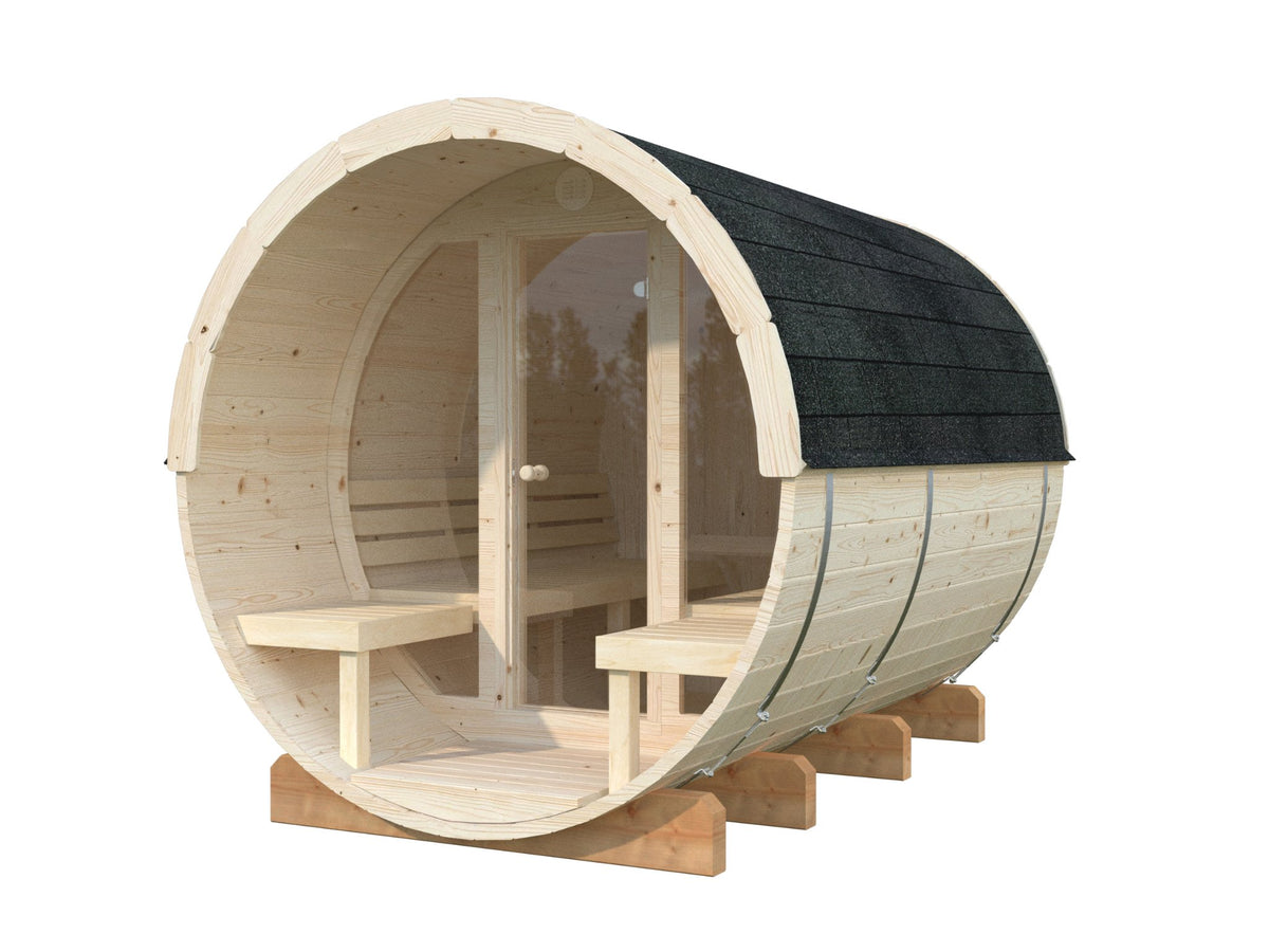 Vaat 290 barrel sauna in Nordic spruce with a glass front