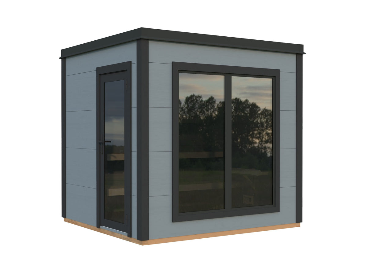 Kivi 250 sauna house, factory painted light grey with anthracite trim