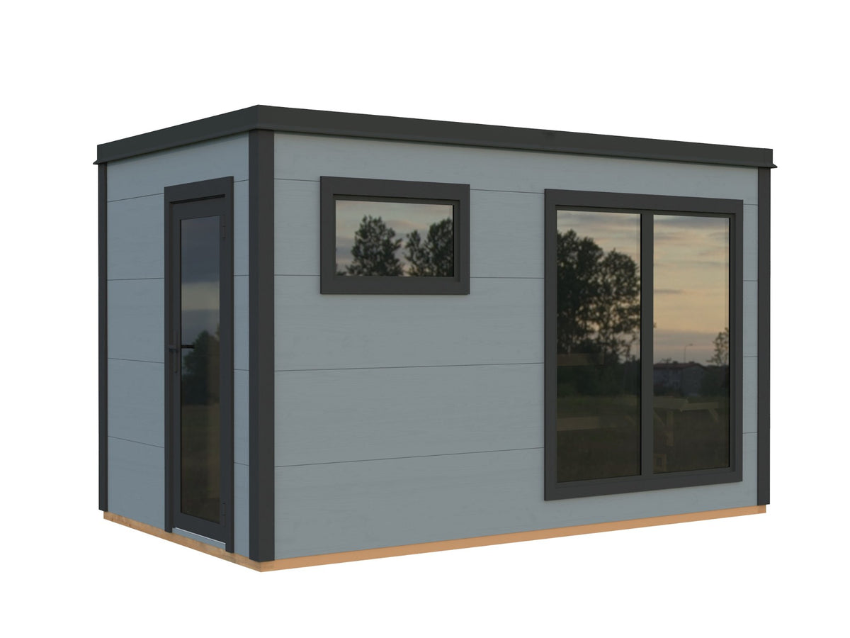 Kivi 390 sauna house, factory painted light grey with anthracite trim