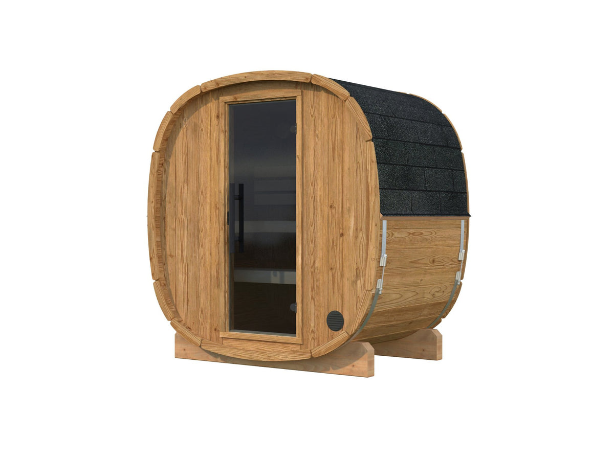 Koda 130 sauna in thermowood with a timber front
