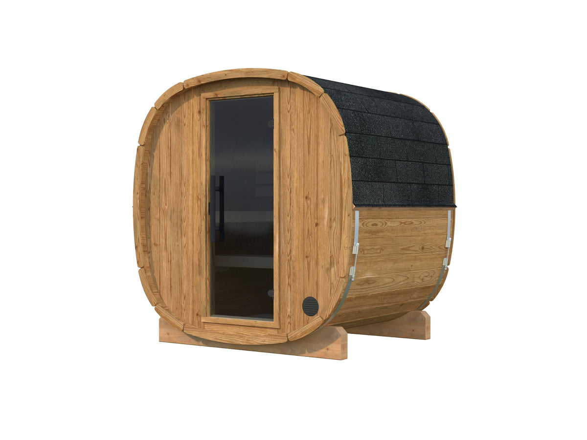 Koda 160 sauna in thermowood with a timber front