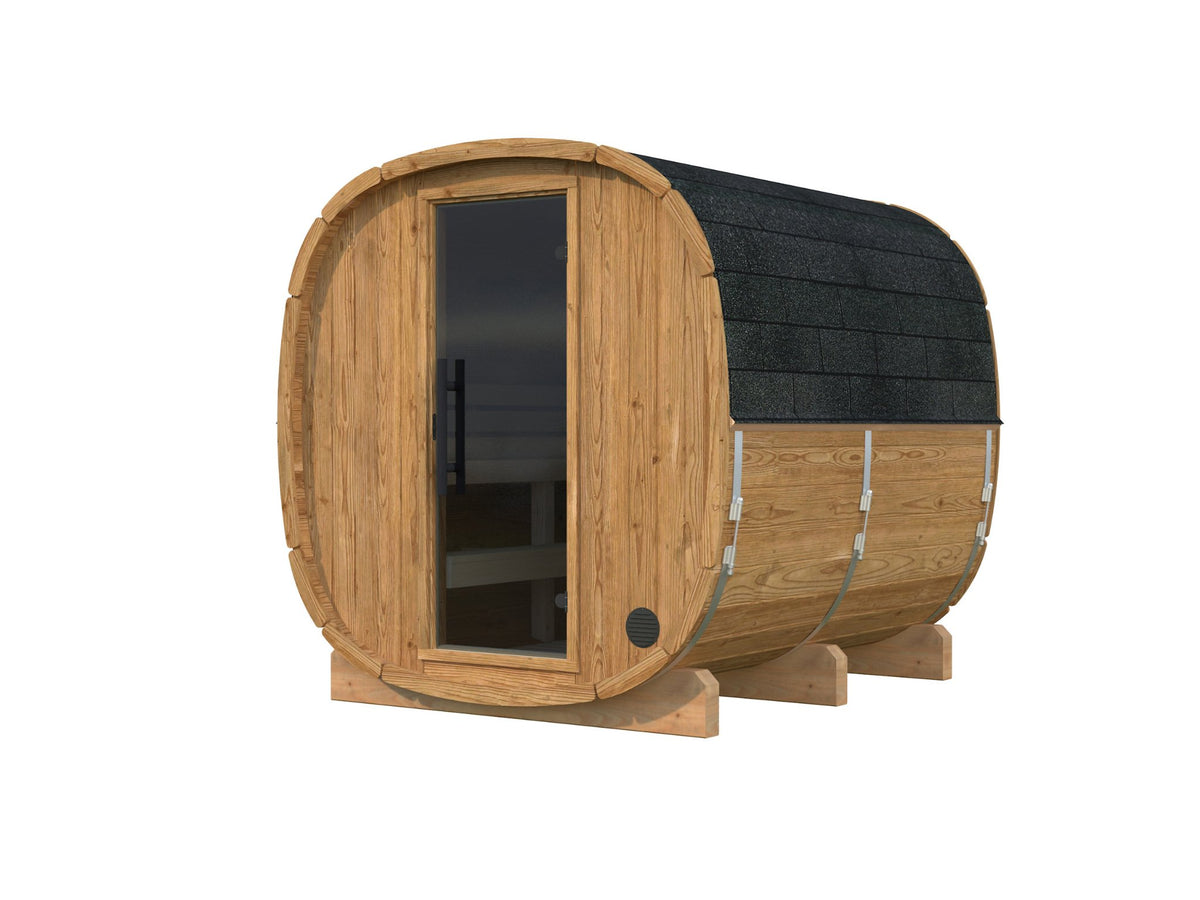Koda 220 sauna in thermowood with a timber front