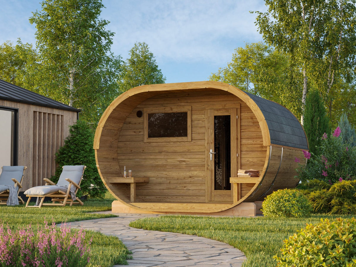 Laine 330 thermowood oval sauna in a garden