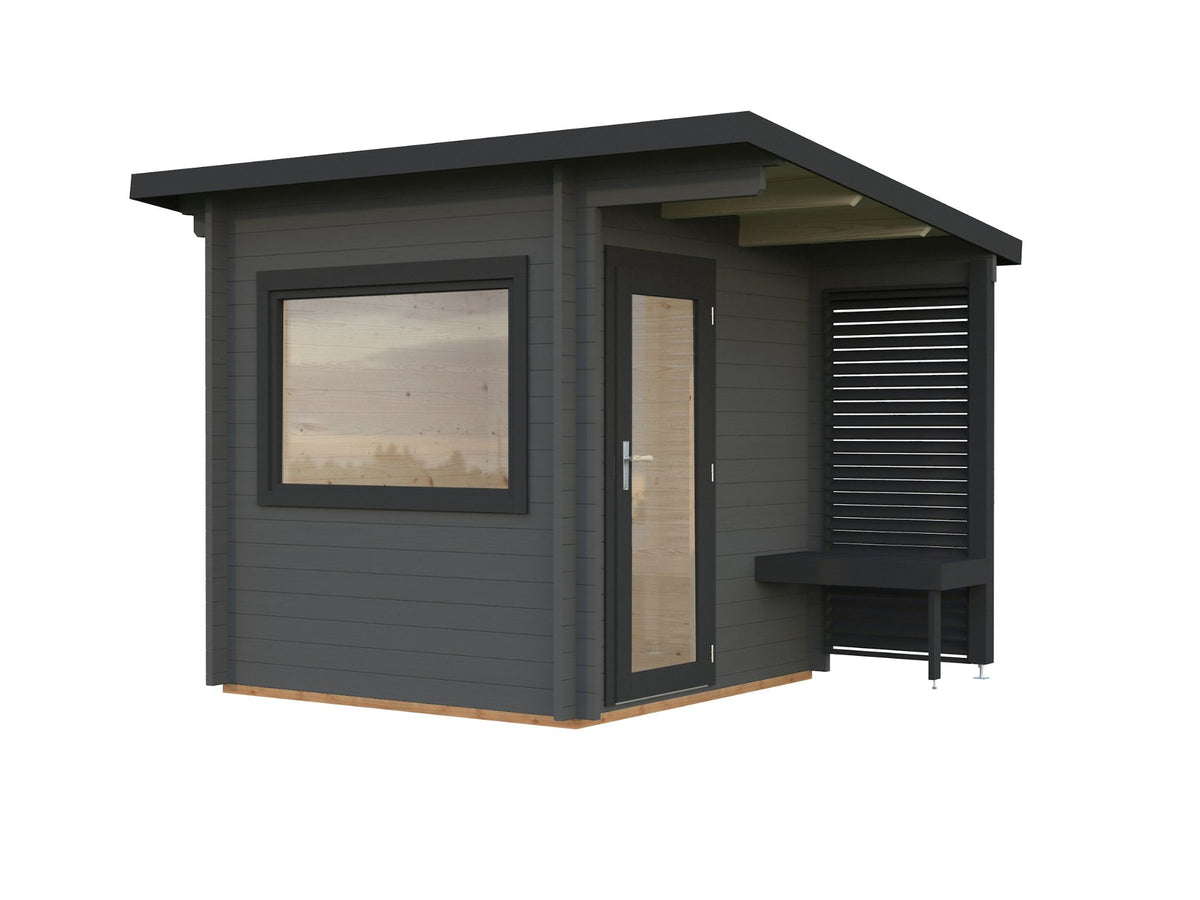 Leil 230 sauna house, factory painted dark grey with anthracite trim