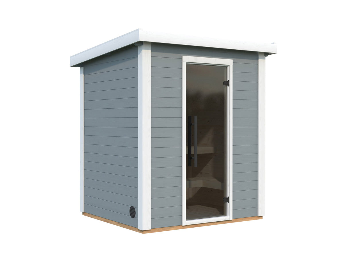 Udu 180 garden sauna, factory painted light grey with white trim