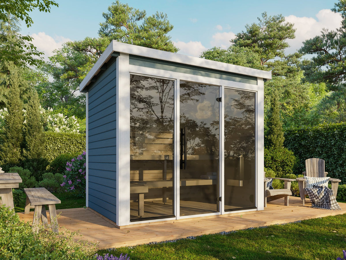 Udu 250 garden sauna, factory painted light grey with white trim