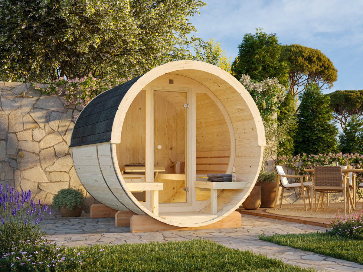 Vaat 250 spruce barrel sauna with glass front in a garden