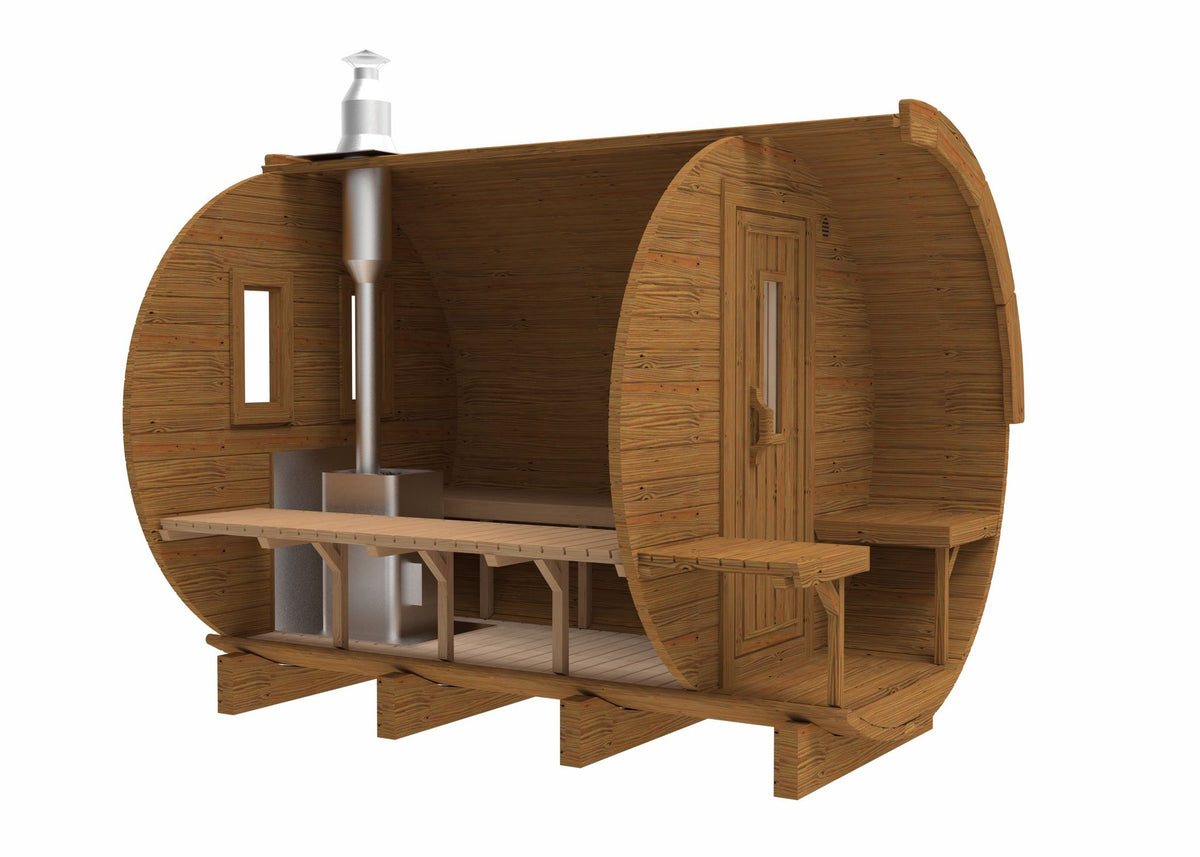 Holvi 300 cutaway side view, shown with the Harvia wood fired stove and chimney