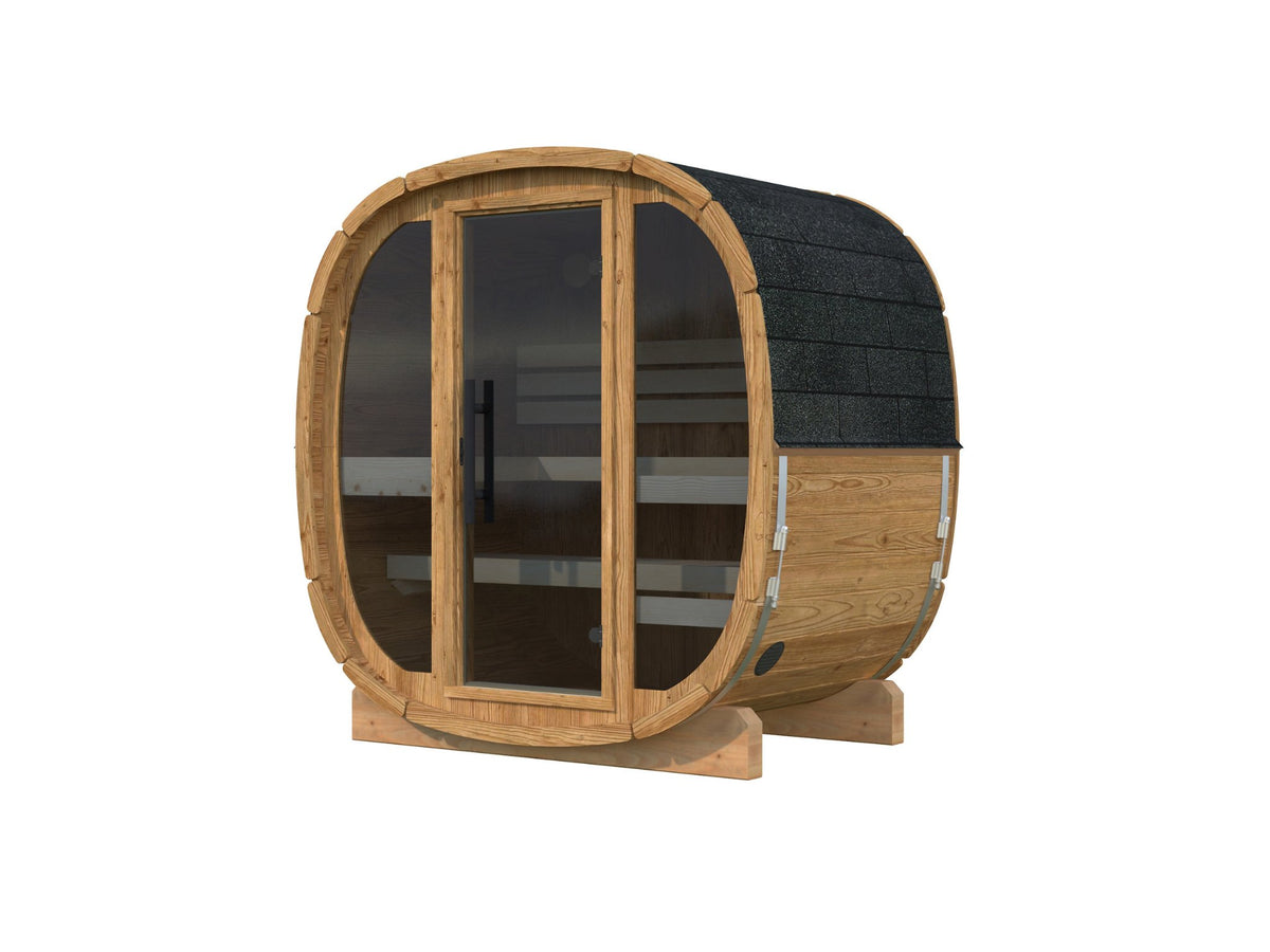Koda 130 sauna in thermowood with a full glass front