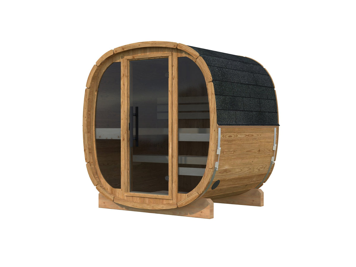 Koda 160 sauna in thermowood with a full glass front