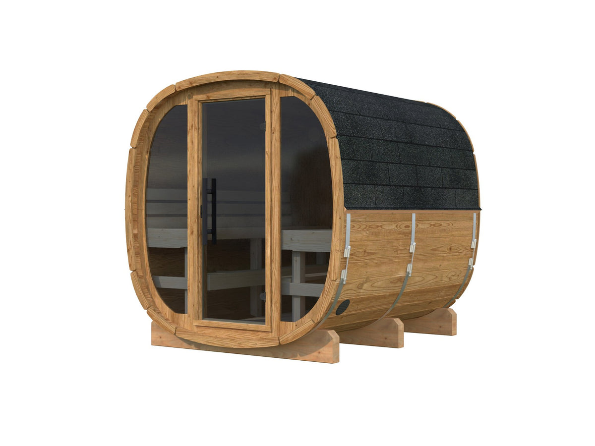 Koda 220 sauna in thermowood with a full glass front