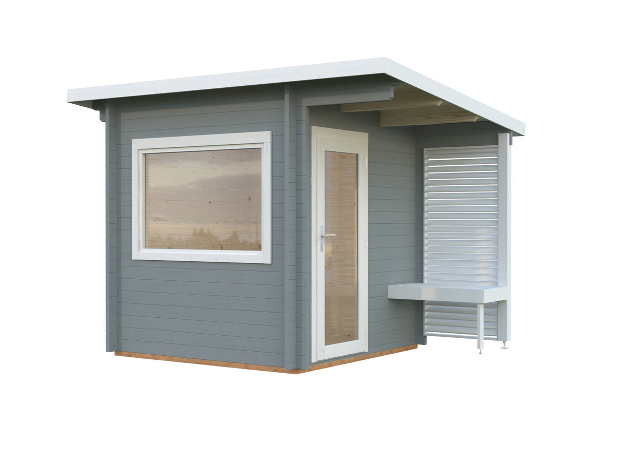 Leil 230 sauna house, factory painted light grey with white trim