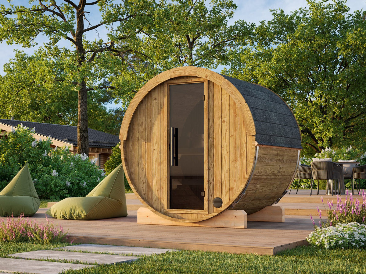 Vaat 200 thermowood barrel sauna in a garden