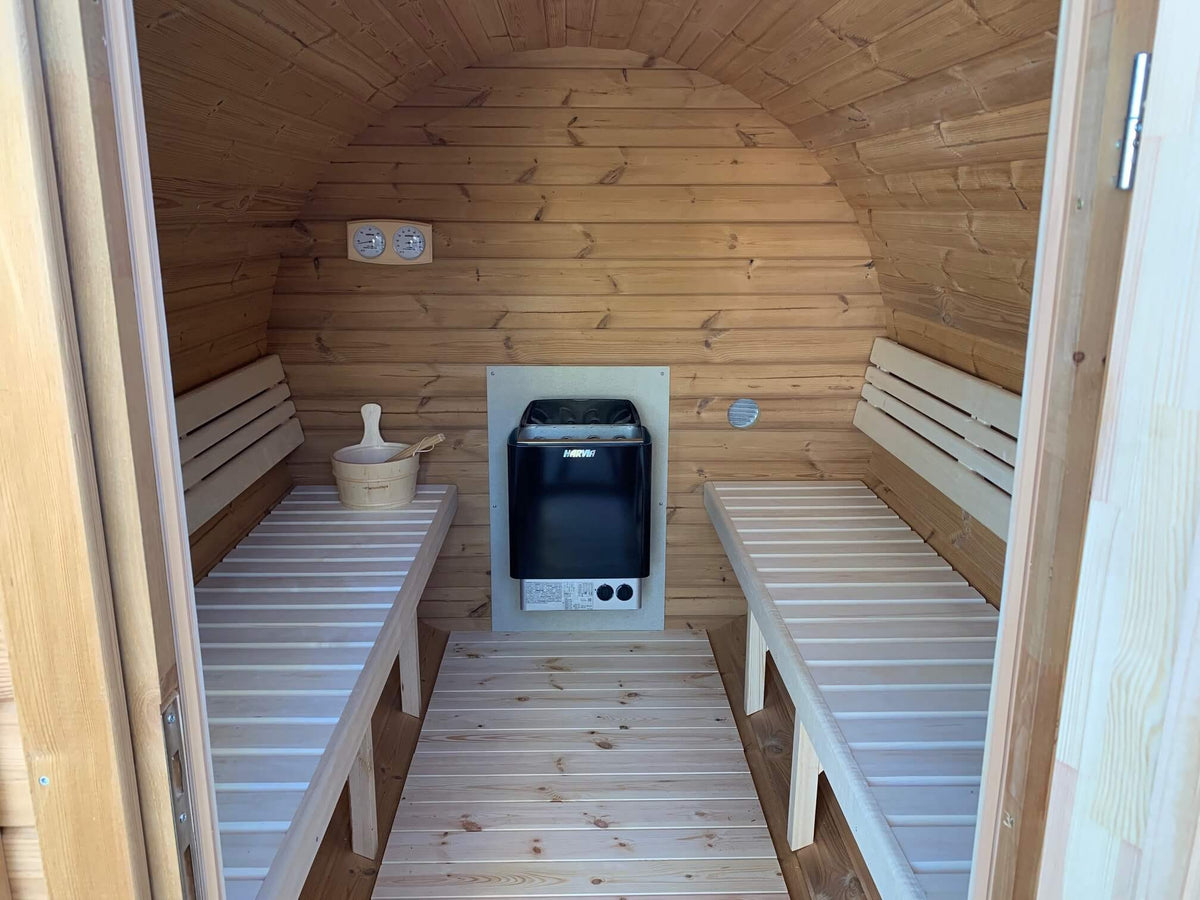 Holvi 240 interior with two side benches and an electric heater