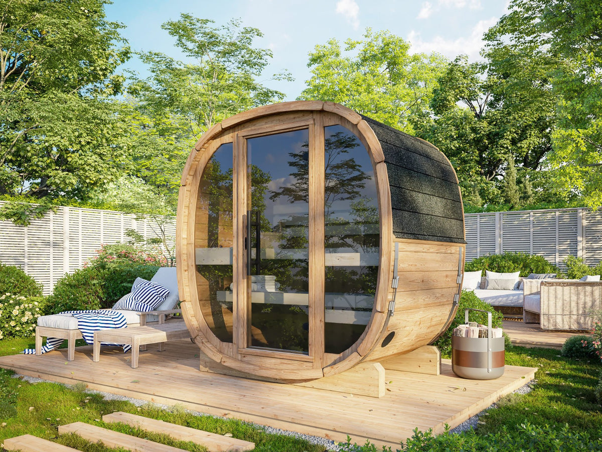 Koda 130 thermowood sauna with glass front in a garden