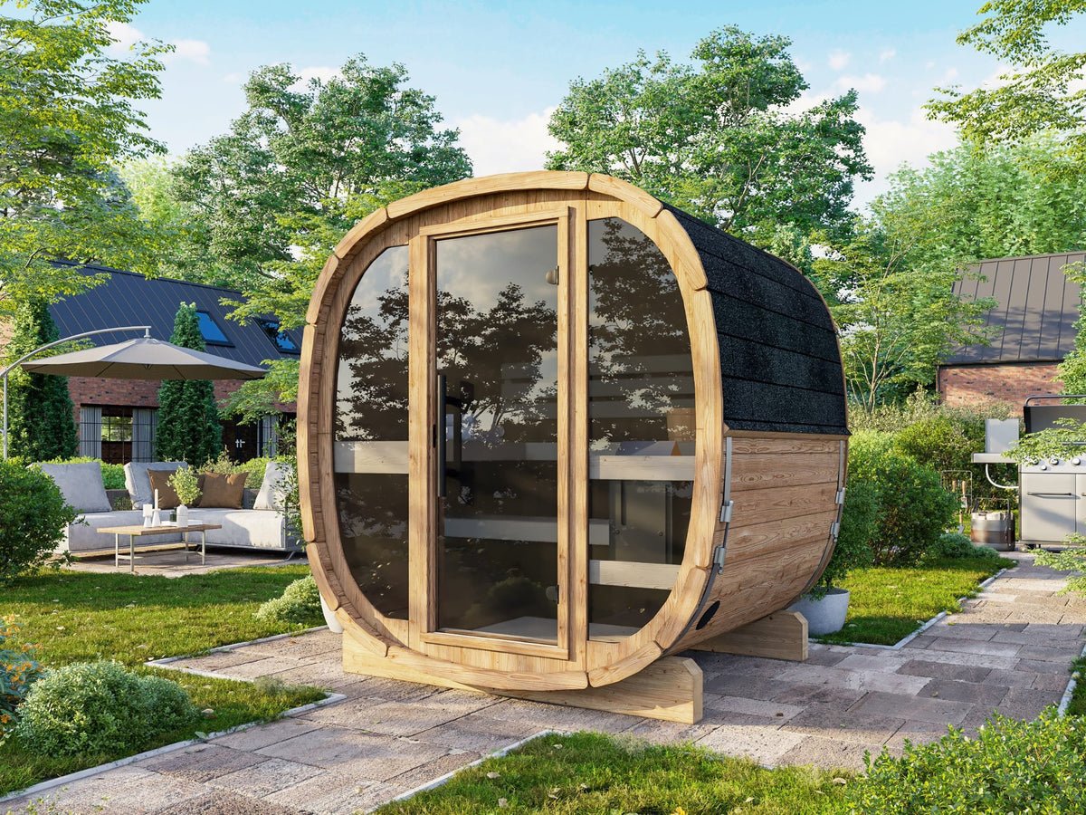 Koda 160 thermowood sauna with glass front in a garden