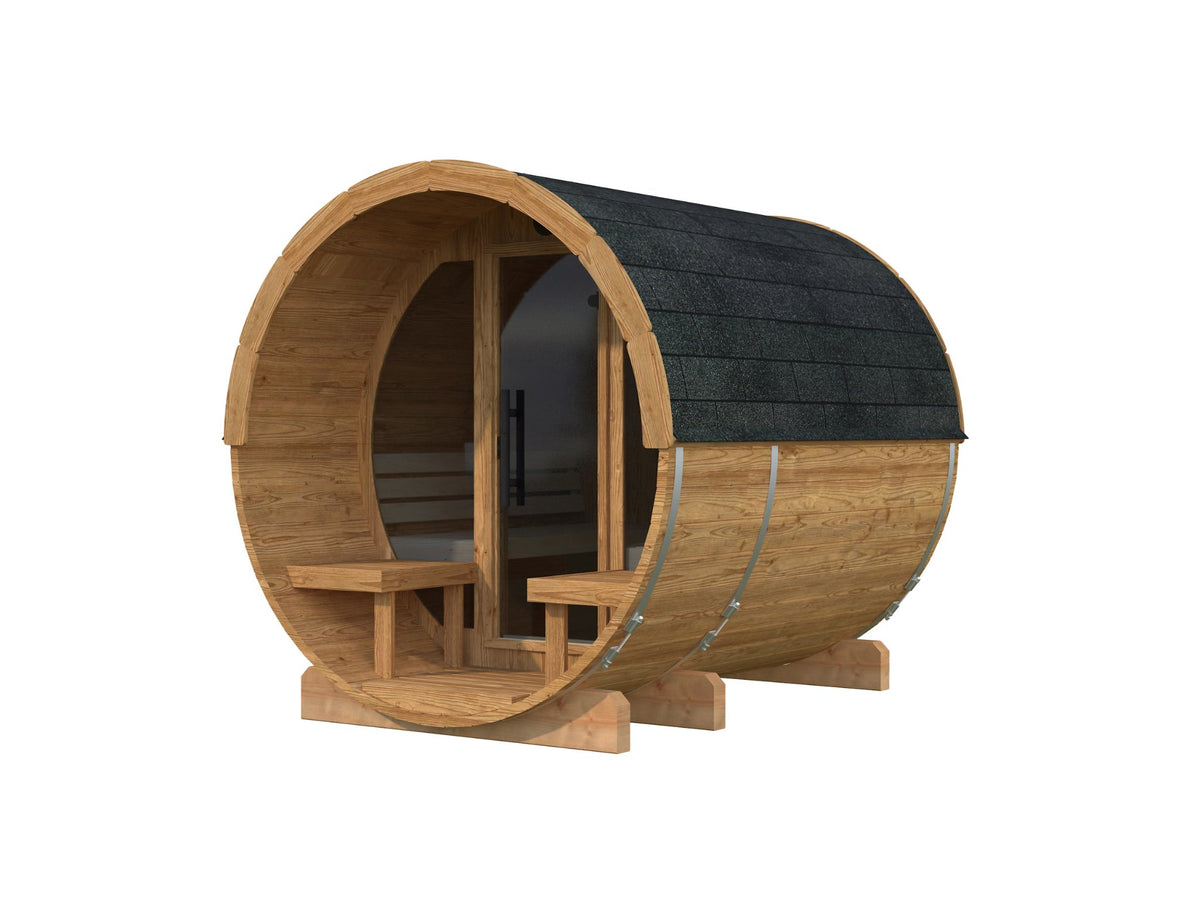 Vaat 250 barrel sauna in thermowood with a glass front