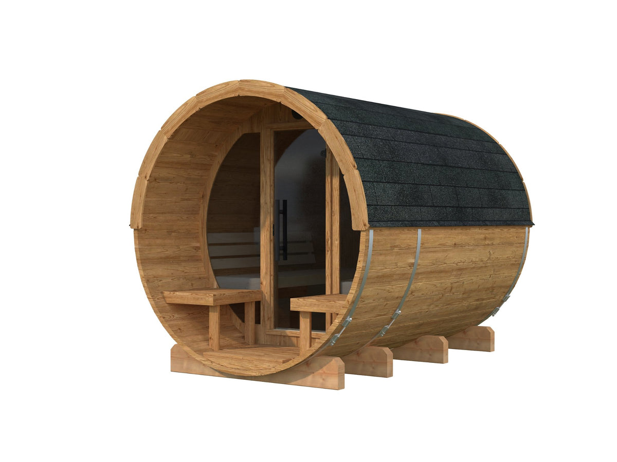 Vaat 290 barrel sauna in thermowood with a glass front