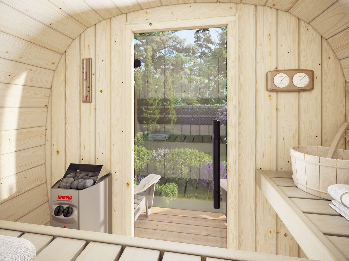 Inside the Koda 130 sauna, benches and timber lining