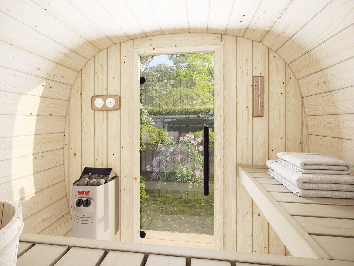 Inside the Koda 160 sauna, benches and timber lining