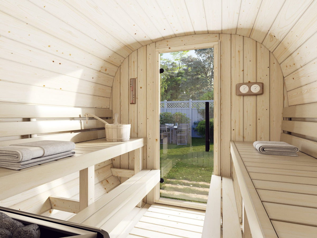Inside the Koda 220 sauna, benches and timber lining