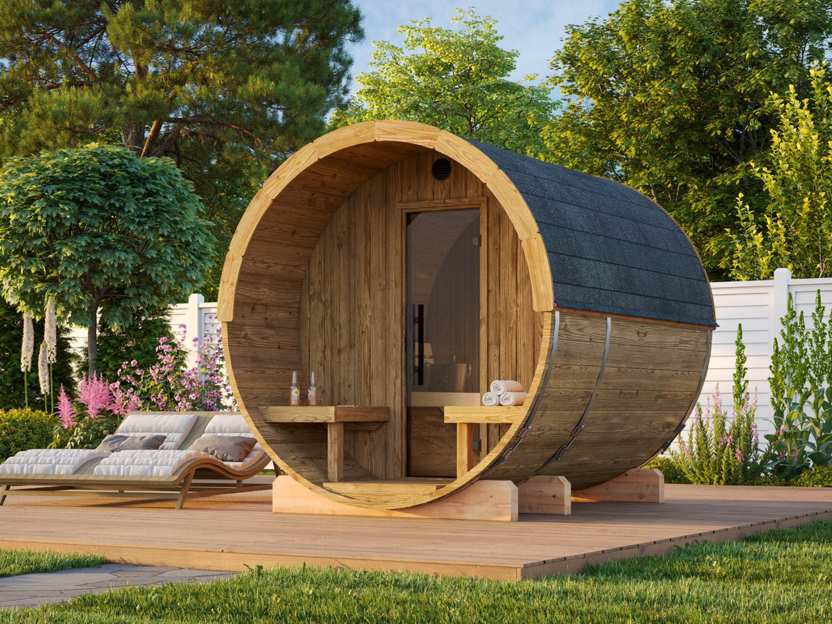 Vaat 250 thermowood barrel sauna in a garden