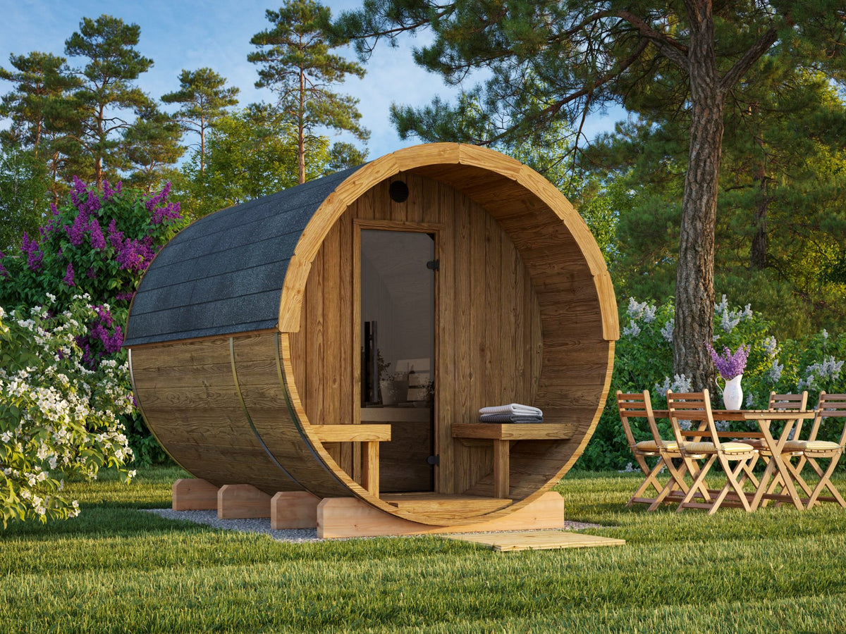 Vaat 290 thermowood barrel sauna in a garden