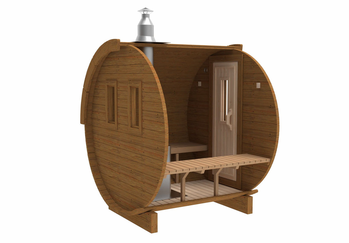 Holvi 170 cutaway shown with a wood fired stove and chimney