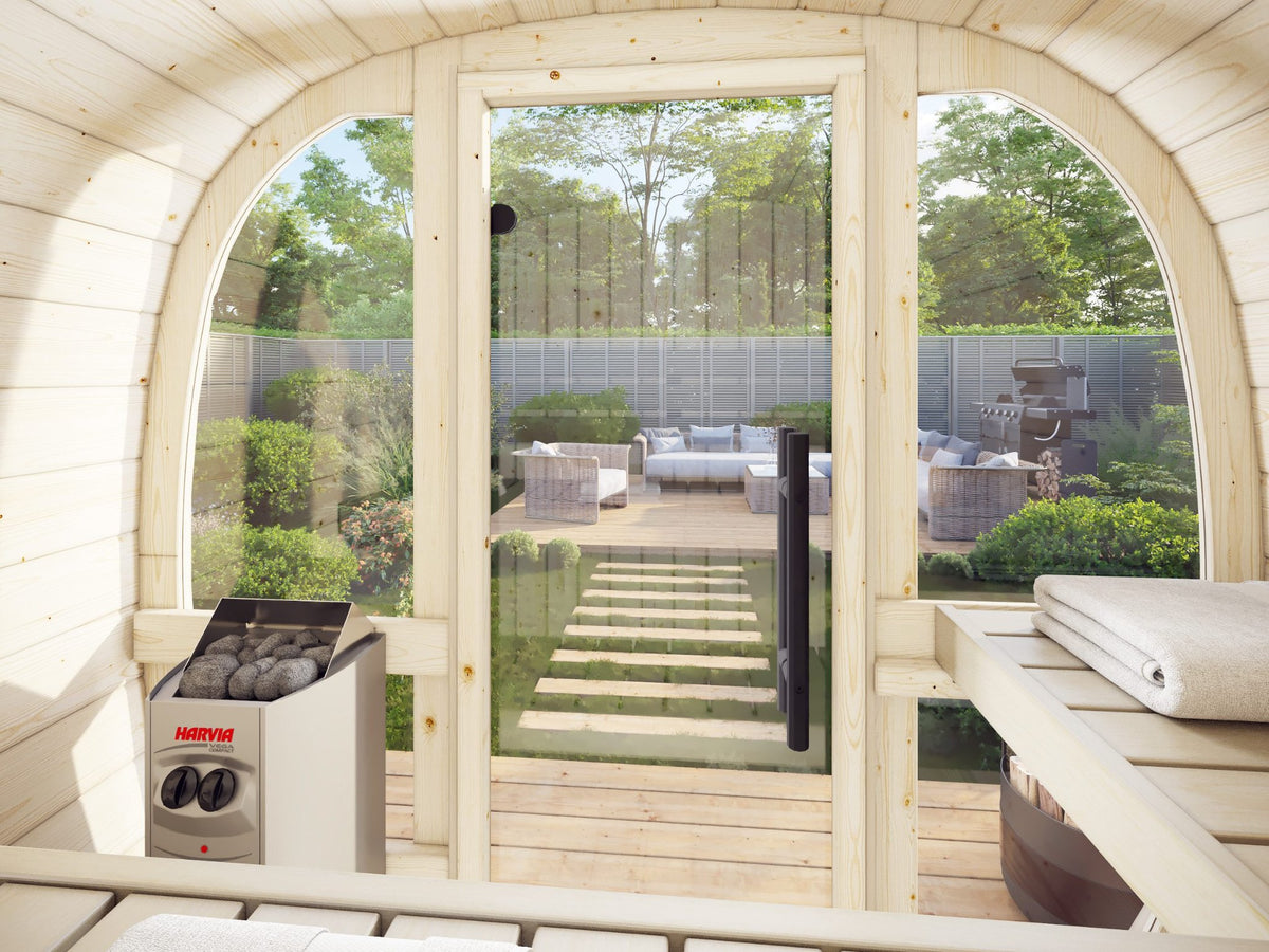 Inside the Koda 130 sauna with the glass front