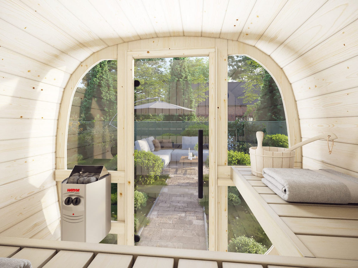 Inside the Koda 160 sauna with the glass front