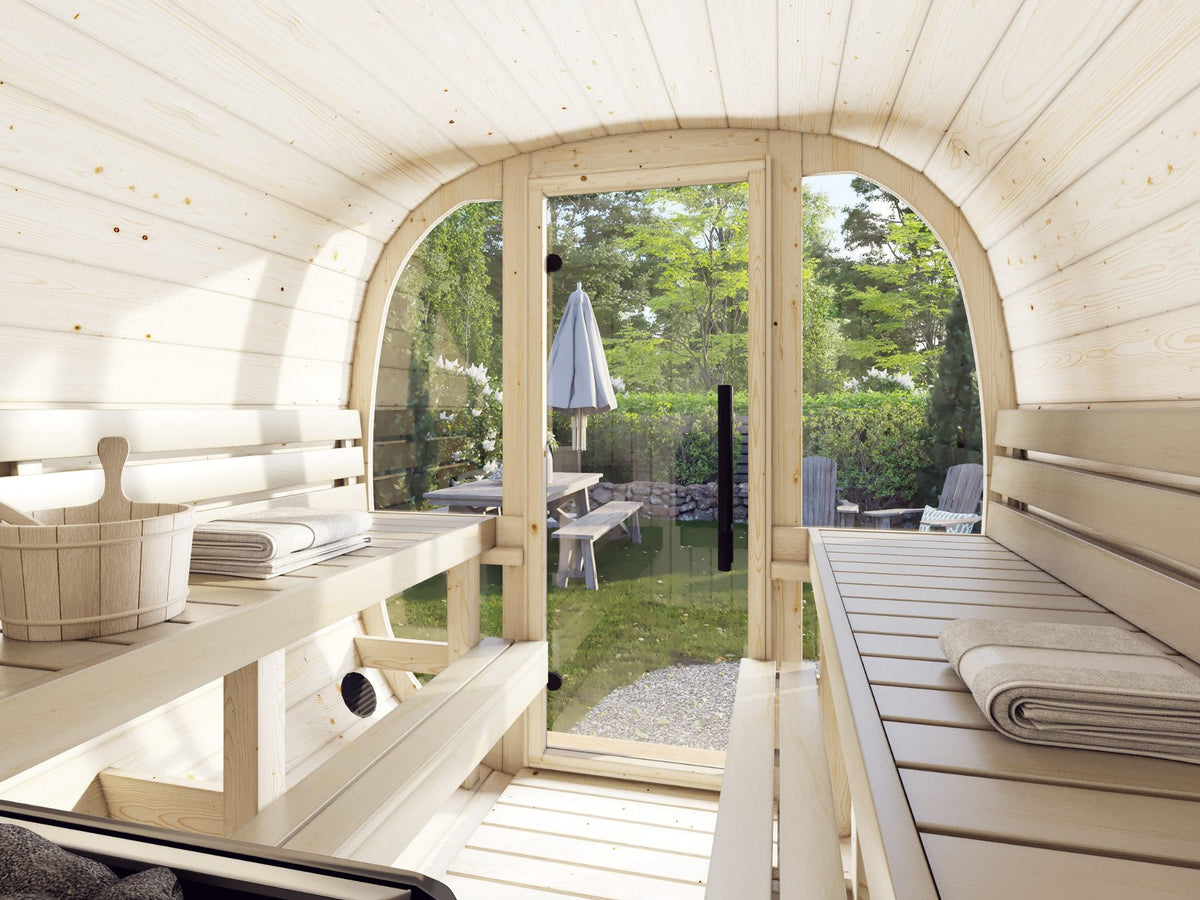 Inside the Koda 220 sauna with the glass front