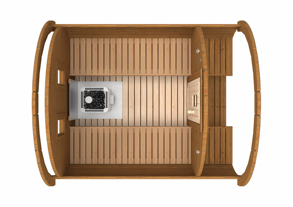 Holvi 240 top view showing the terrace, benches and heater position