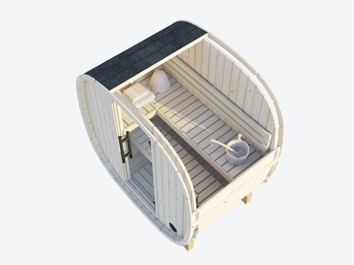 Koda 130 sauna cutaway showing the bench layout