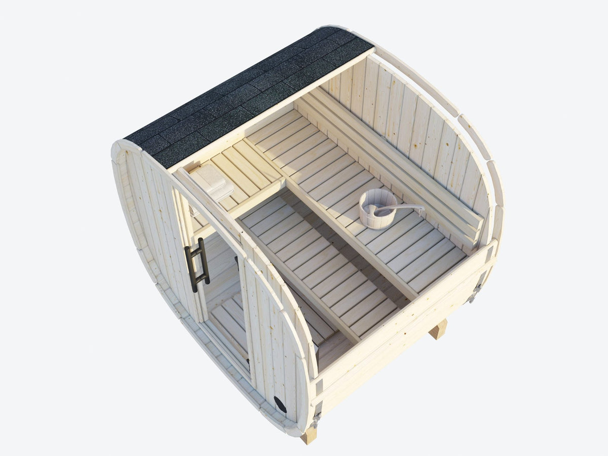 Koda 160 sauna cutaway showing the bench layout