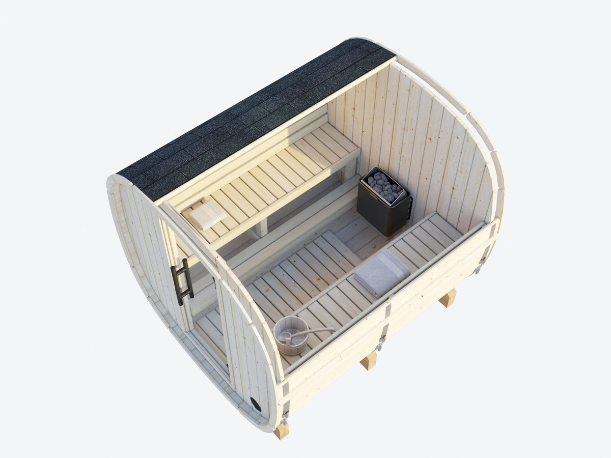 Koda 220 sauna cutaway showing the bench layout