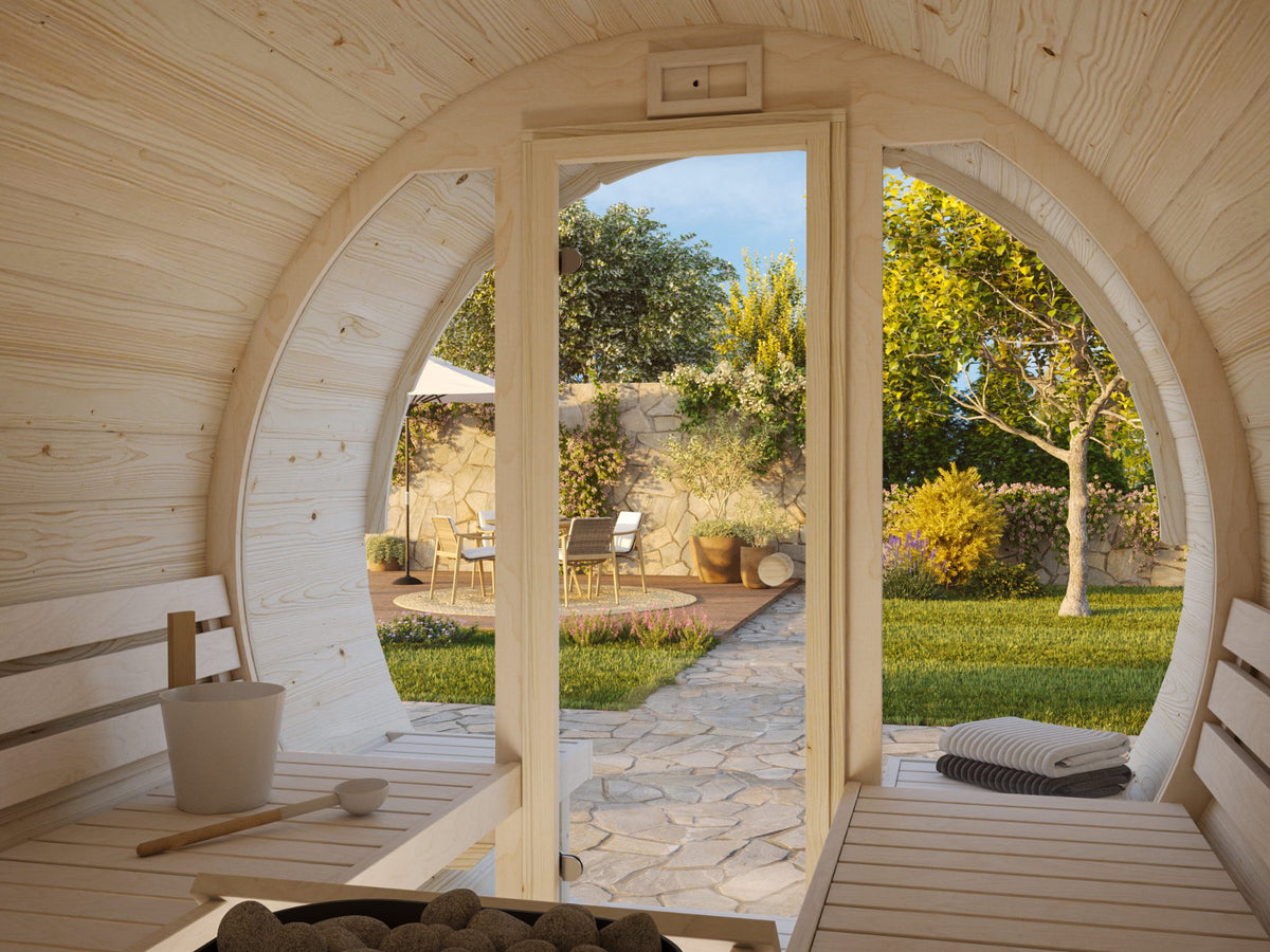 Inside the Vaat 250 barrel sauna with the glass front