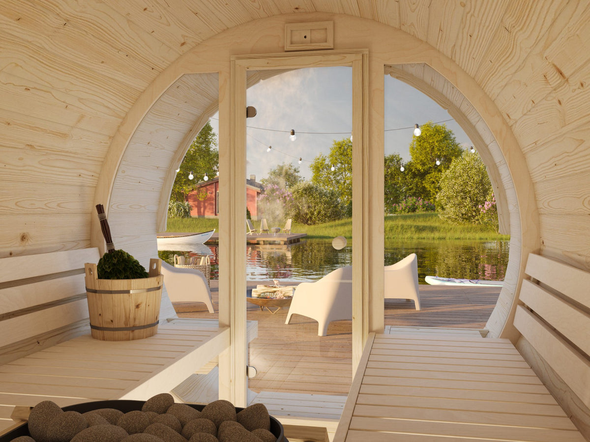 Inside the Vaat 290 barrel sauna with the glass front