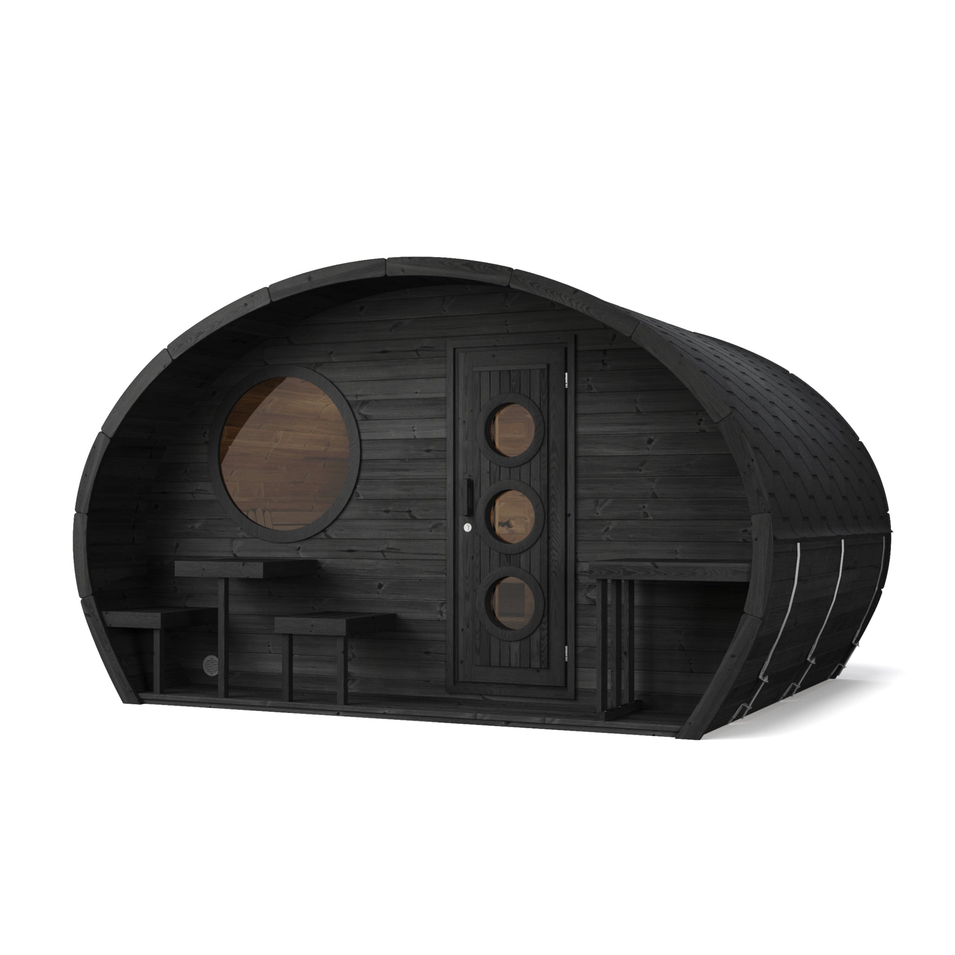 Frodo 300 oval sauna detail of the thermowood cladding and shingle roof