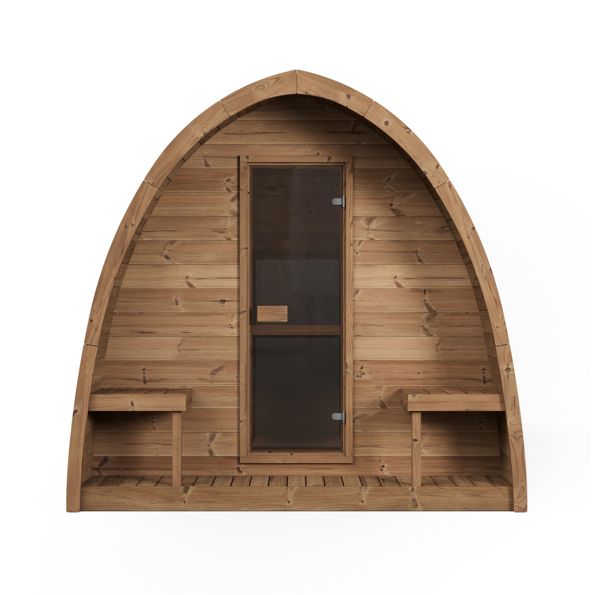 Kelo 220 sauna pod front elevation in thermowood, with bronze glass door and two outdoor bench seats