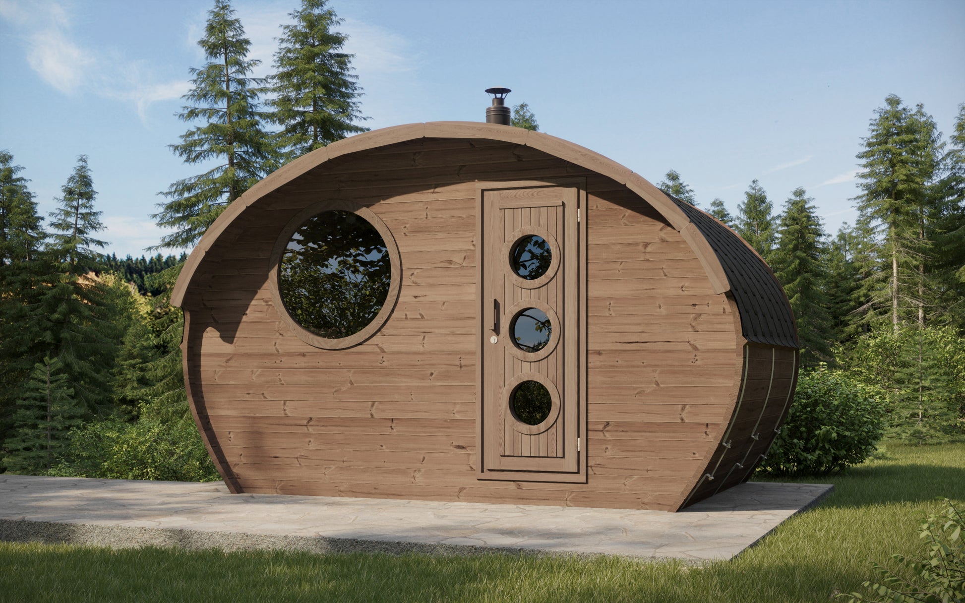 Steam & Oak Frodo 240 oval thermowood garden sauna in a woodland setting, with round window and porthole door