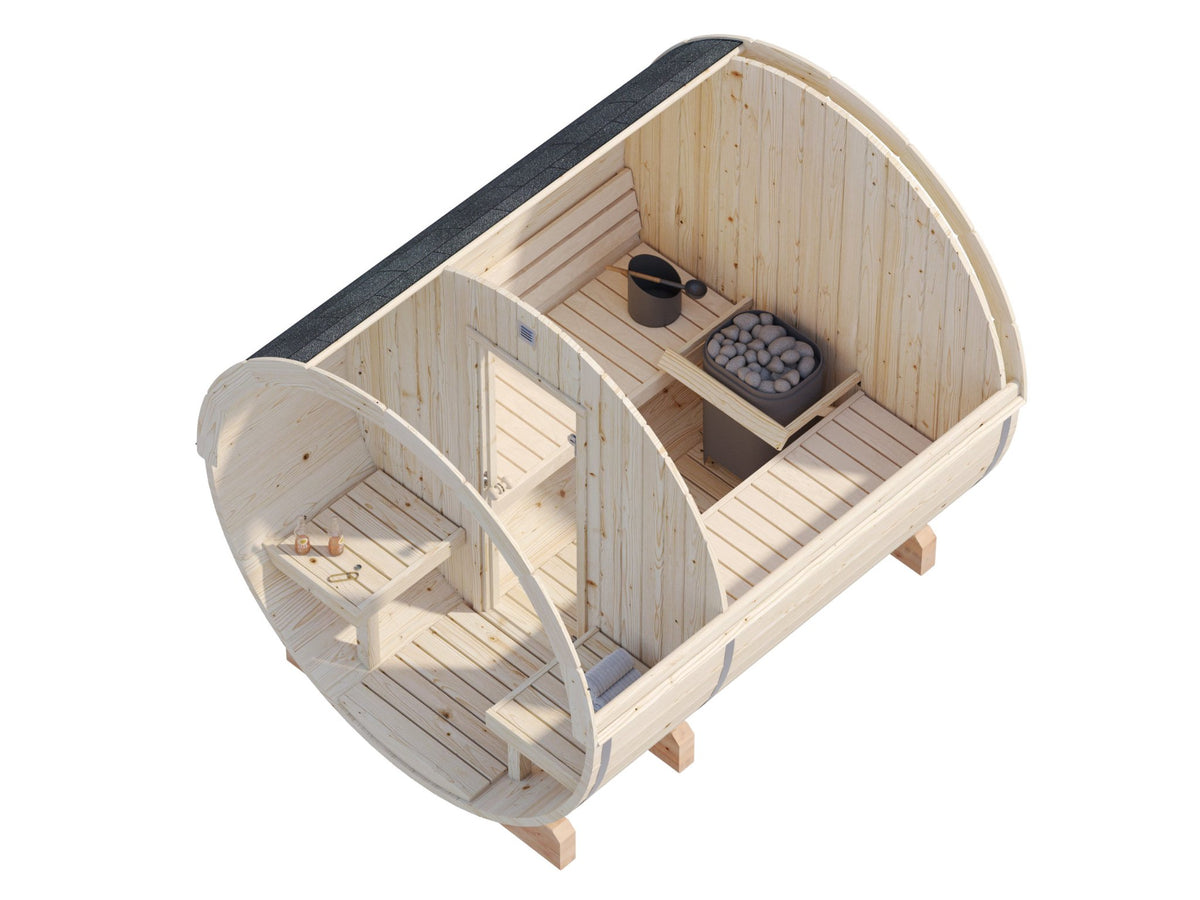 Vaat 250 barrel sauna cutaway showing both rooms