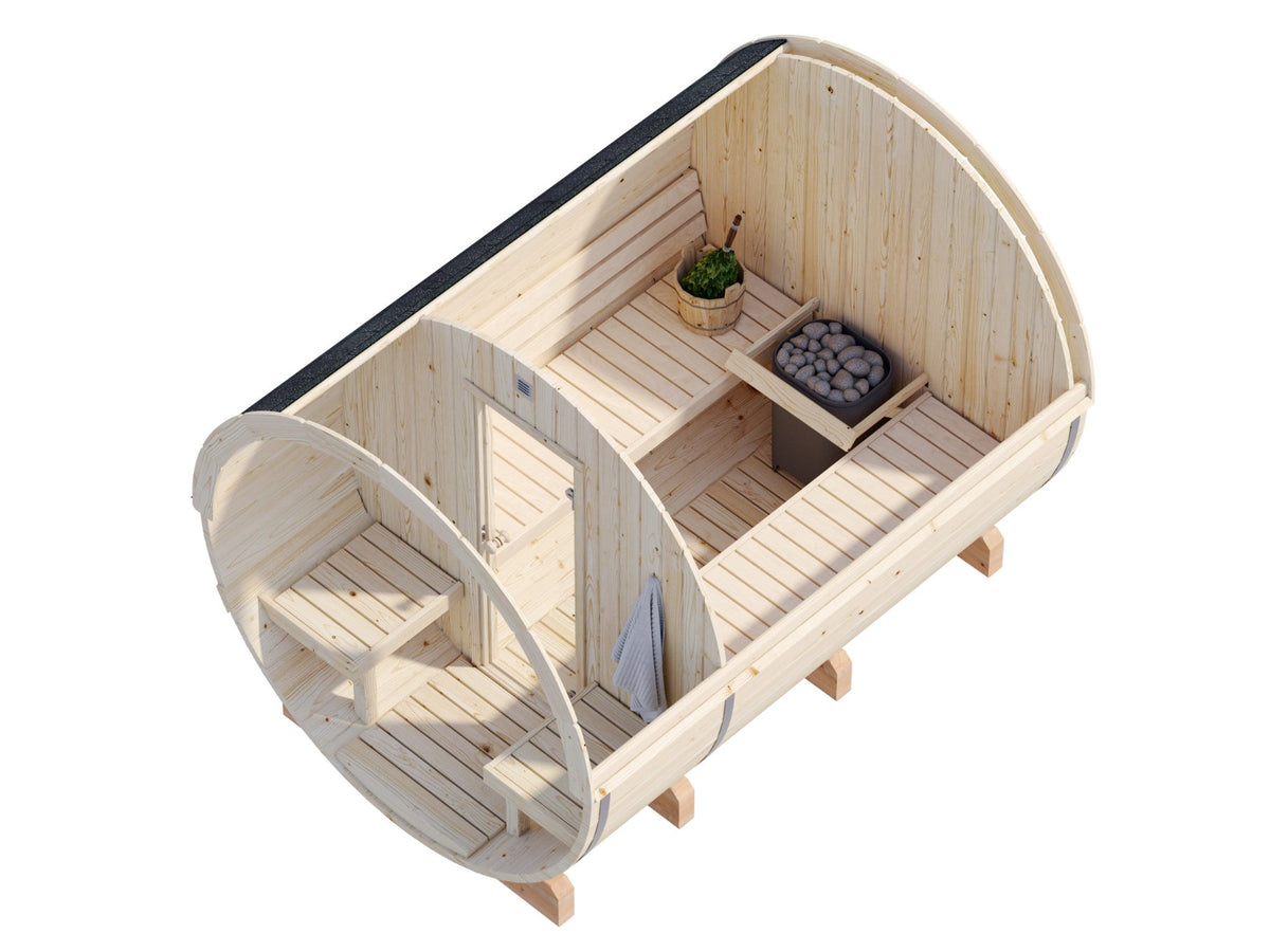 Vaat 290 barrel sauna cutaway showing both rooms