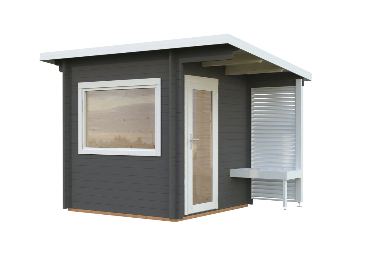 Leil 230 sauna house, factory painted dark grey with white trim