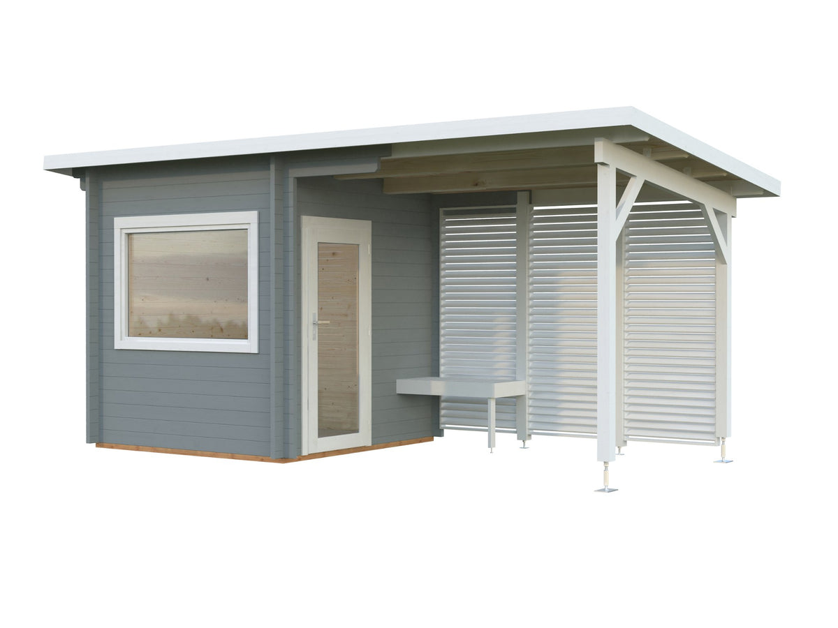 Leil 510 Canopy sauna, factory painted light grey with white trim